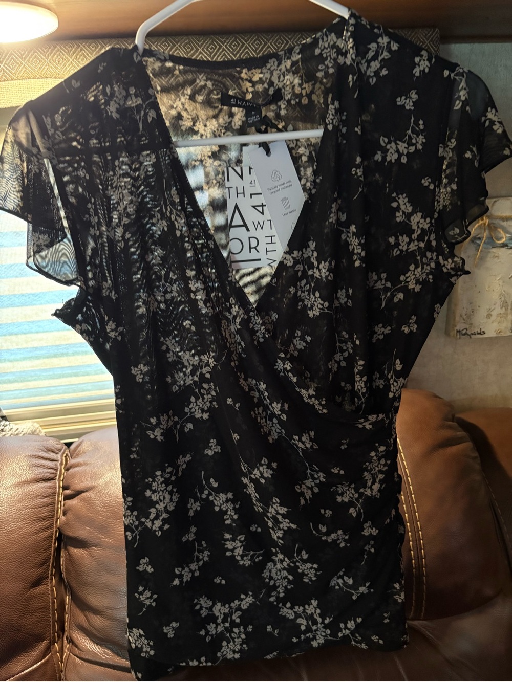 Hawke & Co Black Floral Wrap-Style Sheer Sleeve Top